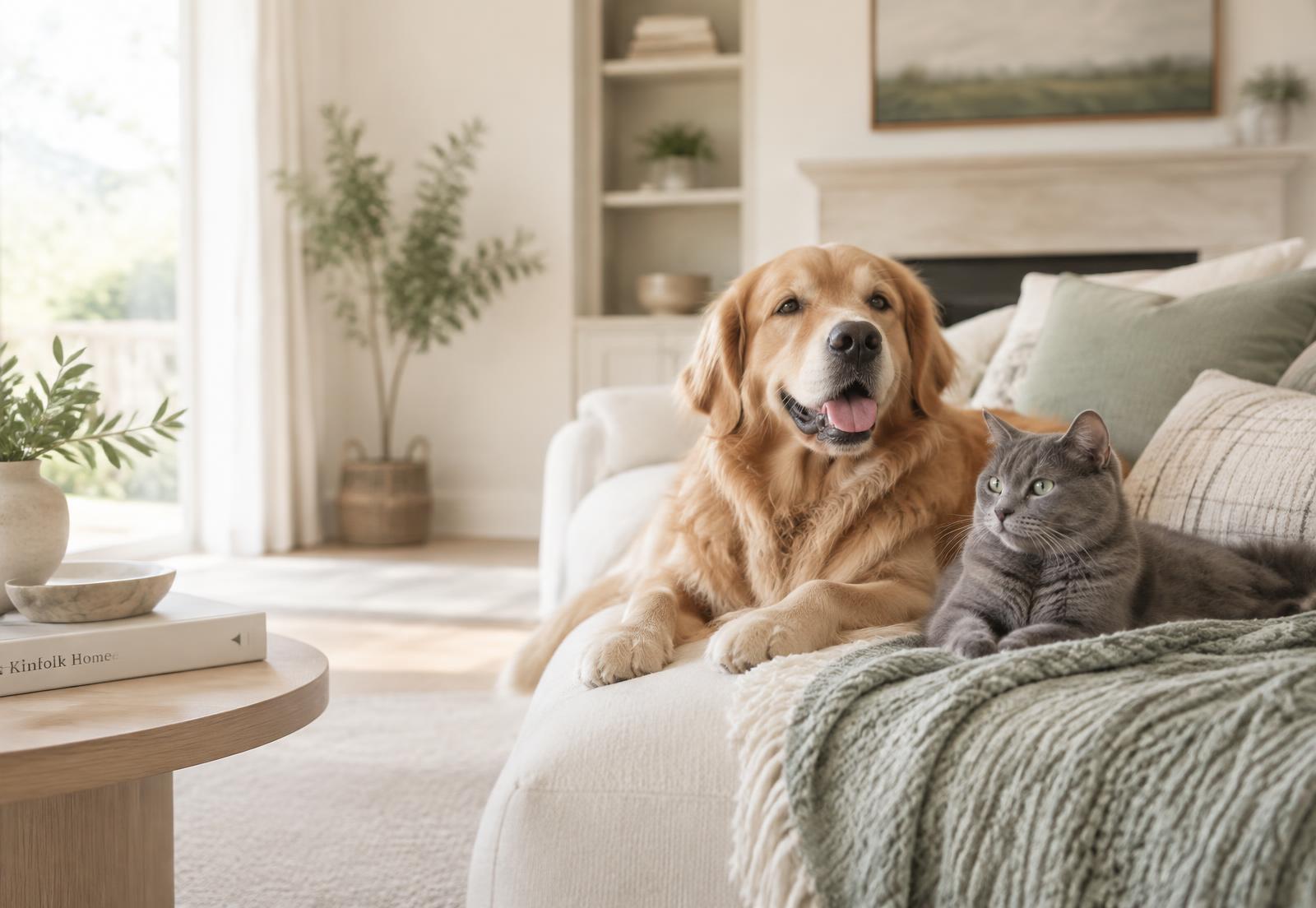 A golden retriever and a grey cat resting together in a bright living room